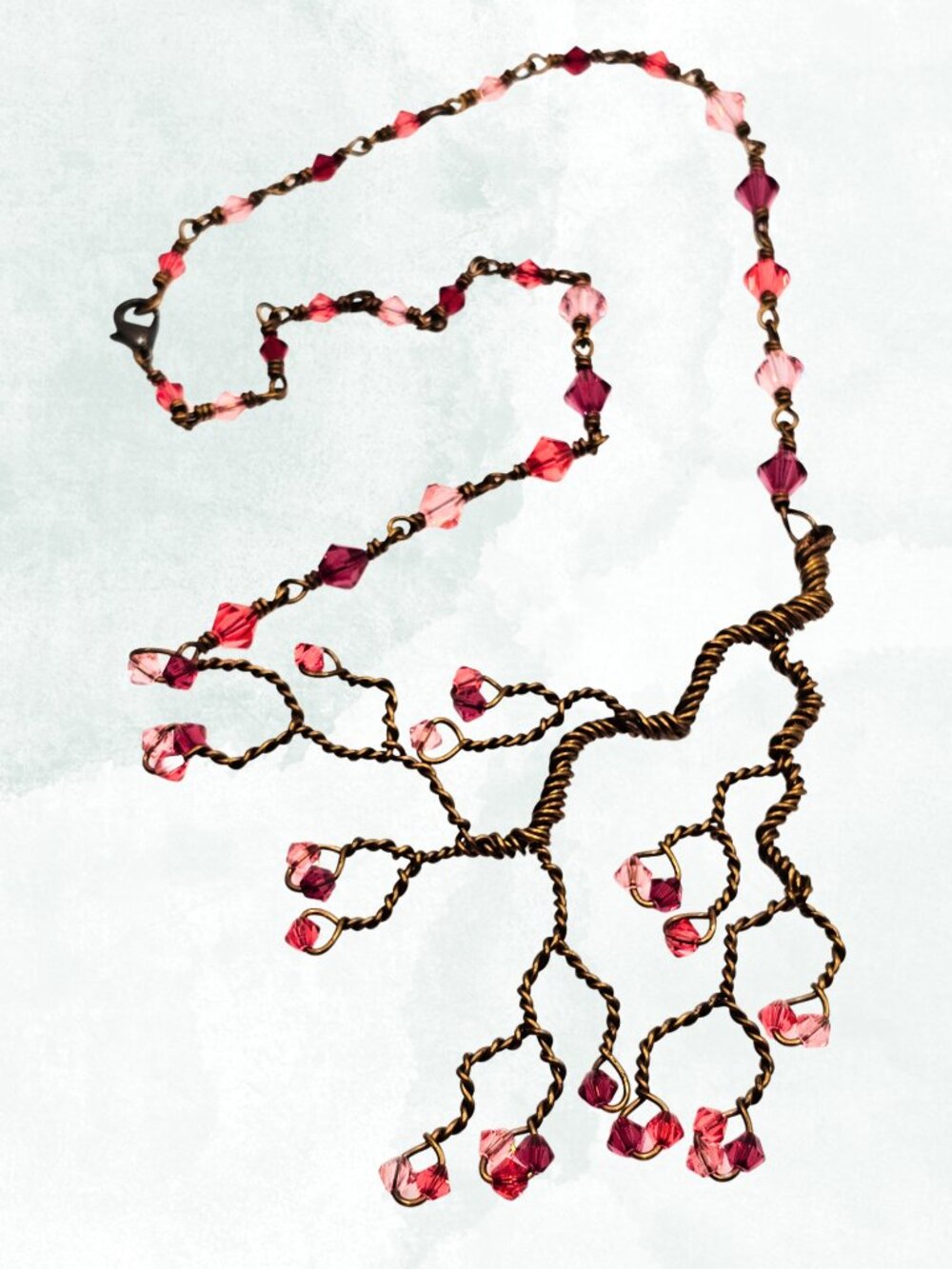 Hand Twisted Copper Tree Necklace Pink Crystal Cherry Blossom Statement Artisan - Picture 9 of 10